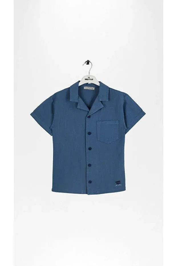 Детская рубашка для мальчиков с коротким рукавом Hawaiian collar natural linen short sleeve boys' shirt Mutlu Kids, Indigo — фото 2