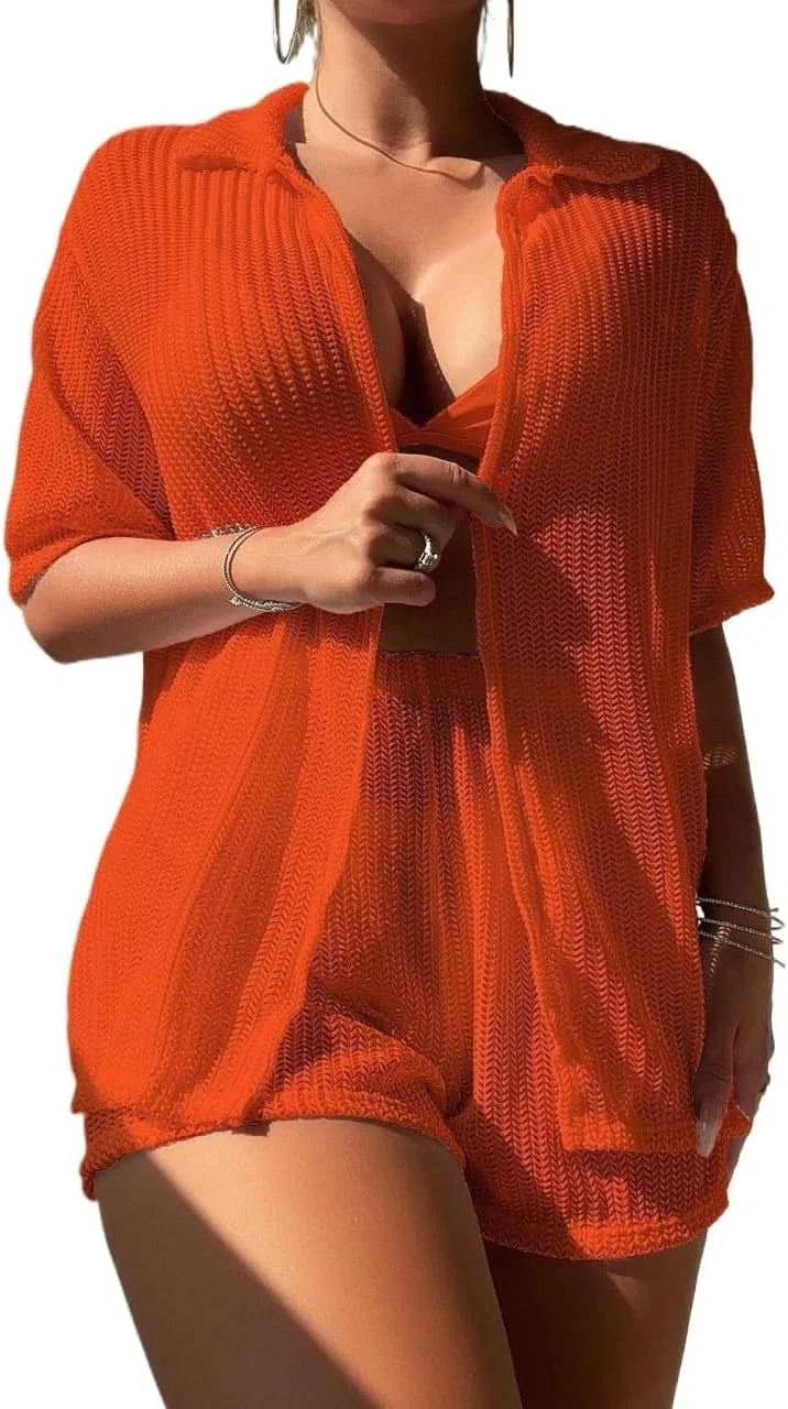 Женский пляжный комплект из туники и топа с вырезами, Burnt Orange