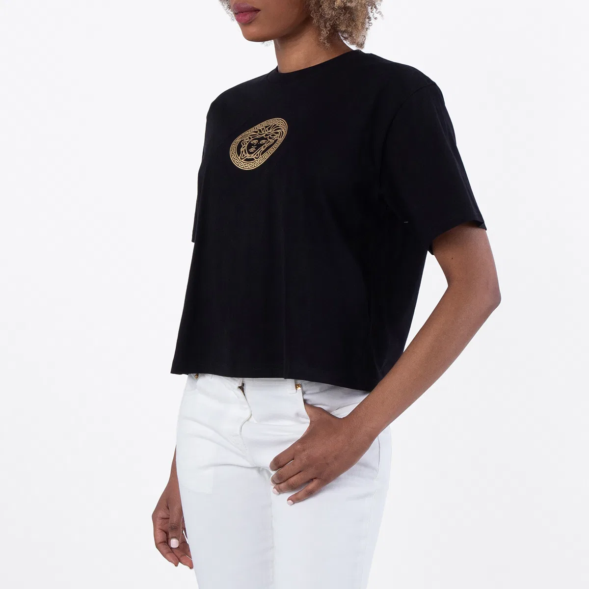 Футболка укороченная с принтом Medusa Cotton Crop T-Shirt Versace, Black/Gold — фото 2
