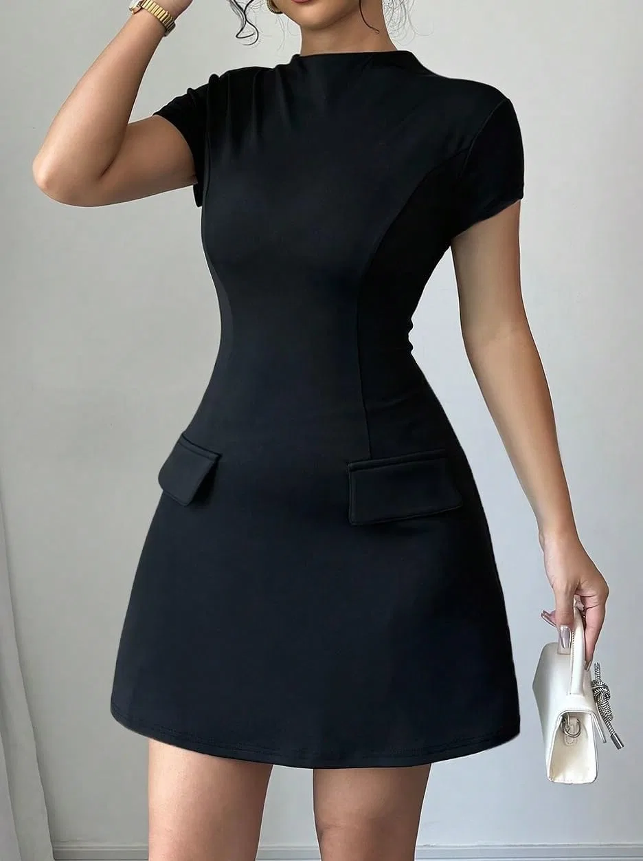Женское повседневное платье A-силуэта с воротником-стойкой, Black — фото 2