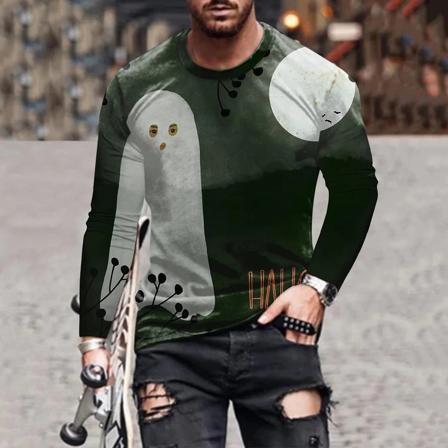 Мужская футболка с тыквой Halloween Long Sleeves, Green — фото 3