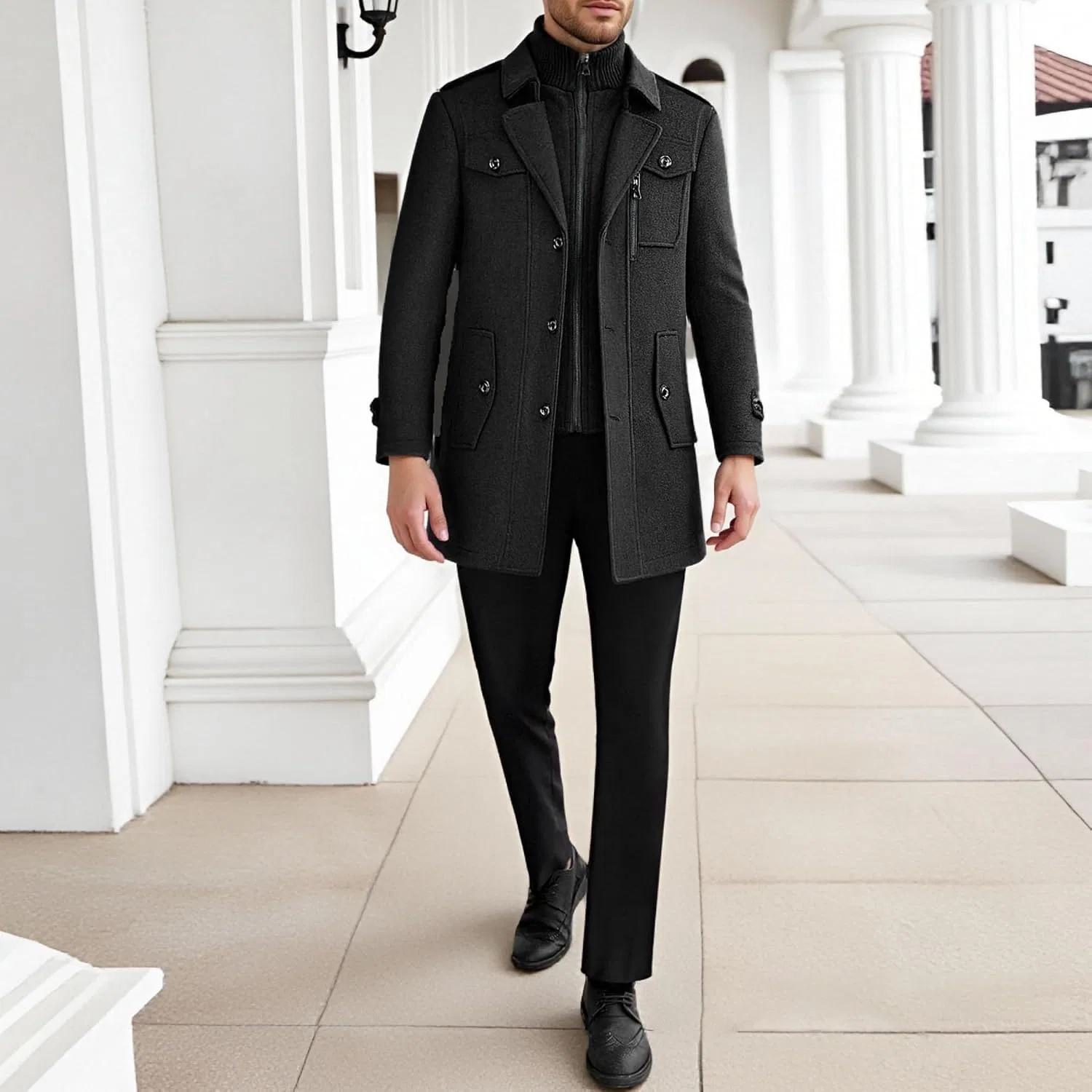 Мужское пальто из шерсти с воротником-стойкой, Classic Pea Coat, чёрный — фото 2