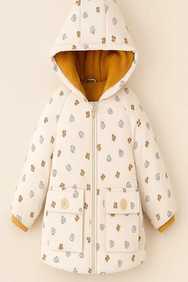 Детское зимнее пальто для девочек с принтом Cute bear printed plush fur inside zippered pocket hooded baby-child winter coat-jacket Dekubaby, Beige