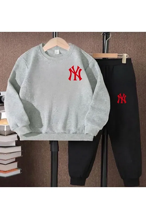 Детский комплект спортивного костюма с принтом New York printed gray tracksuit set Topçu, Gri