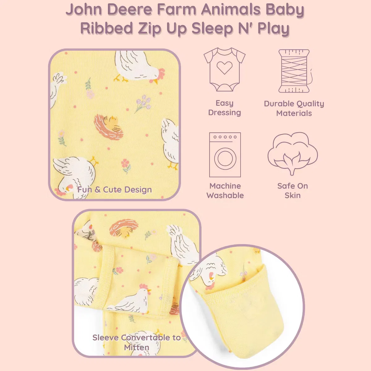 Пижама-комбинезон на молнии с цветочным принтом John Deere, pale yellow floral — фото 3