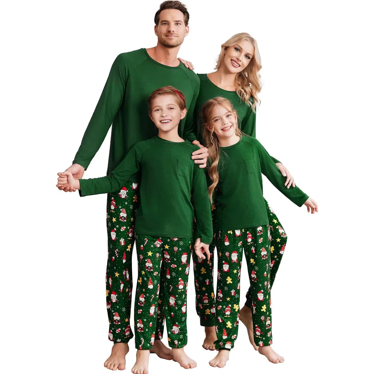 Пижамный комплект с длинным рукавом и клетчатыми брюками Ekouaer, Green Santa Claus