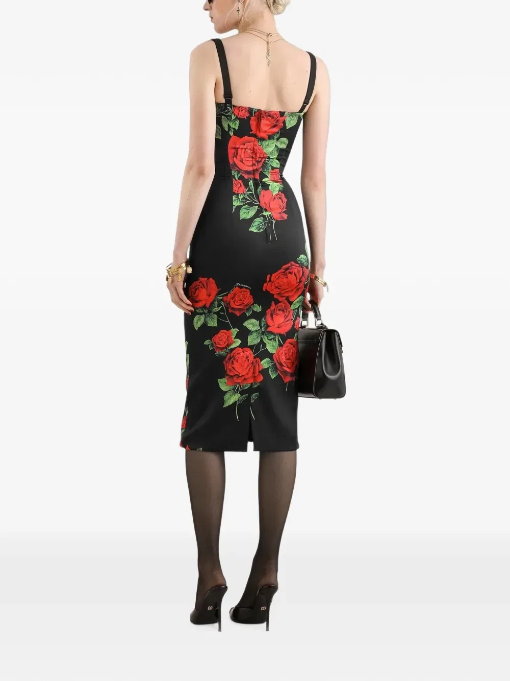 Атласное платье миди с принтом DOLCE & GABBANA, черный — фото 3