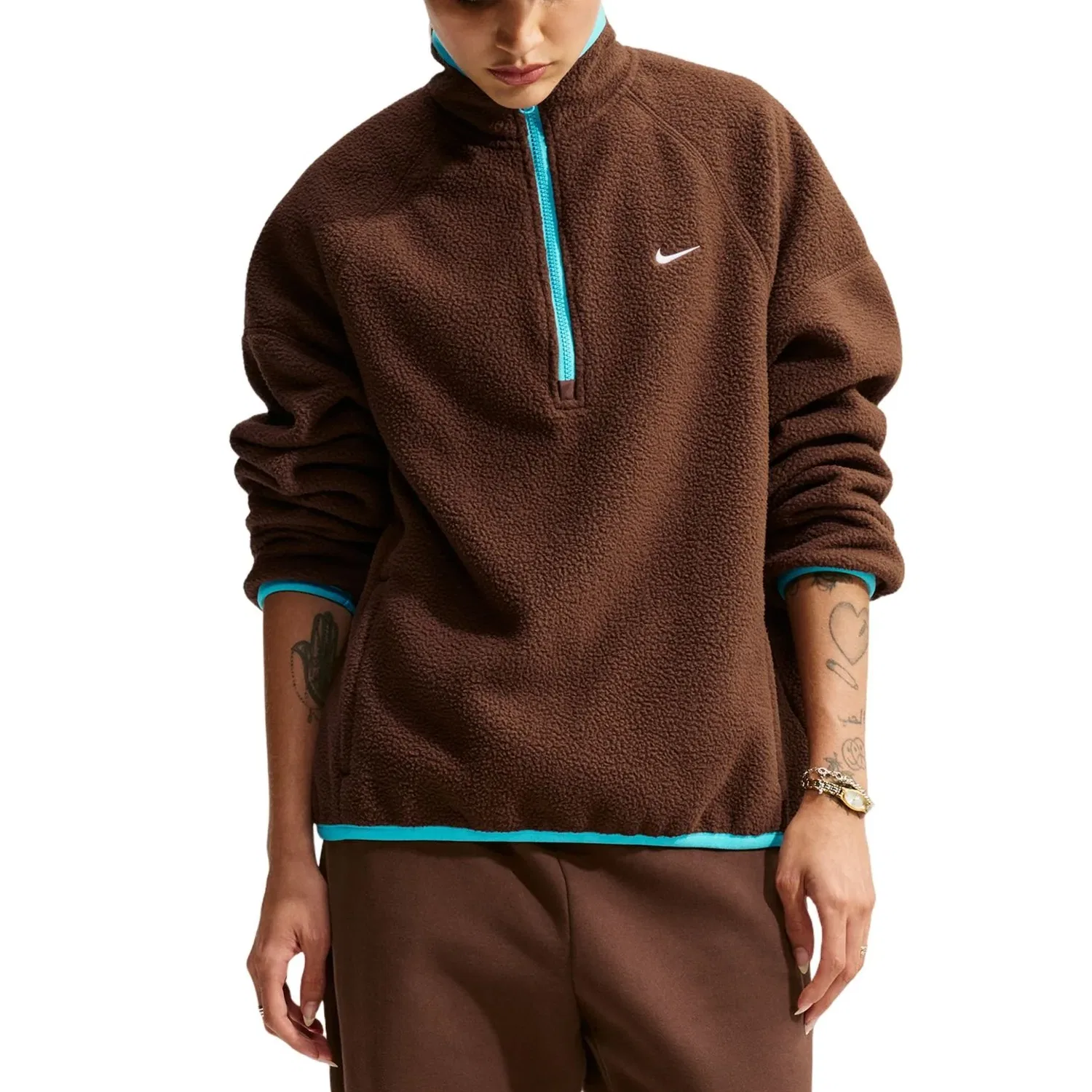 Женская футболка Sportswear Oversized Fleece Top 'Cacao Wow Baltic Blue White' Nike, Cacao Wow/Baltic Blue/White — фото 3