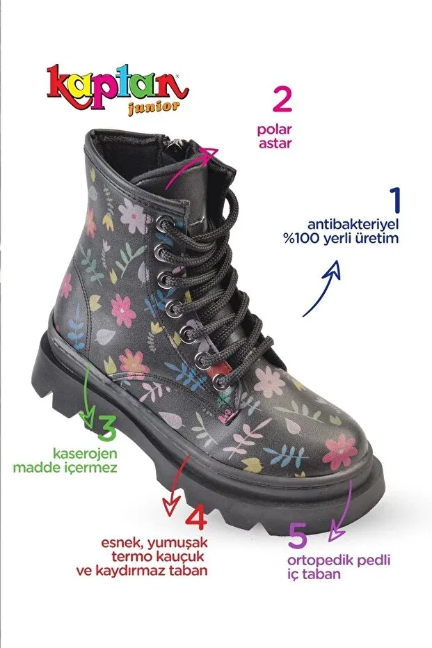 Детские ботинки для девочек на шнуровке Kaptan Junior, Black — фото 3