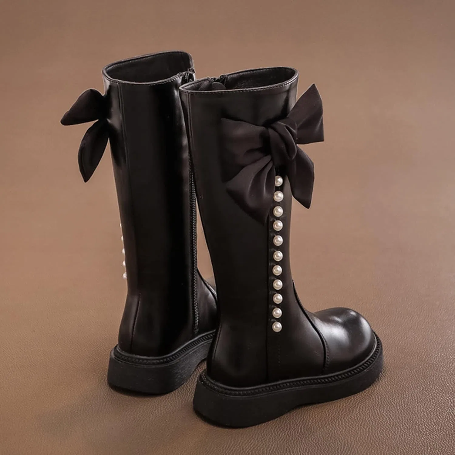 Детские сапоги для девочек с принтом, модель Girls Knee High Boot Leather Zipper Shoes Bowknot Diamond Low Chunky Heel Zipper Fashion Winter Riding Boots, Black — фото 3