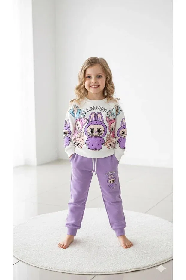 Детский комплект свитшота и спортивных штанов для девочек с принтом Labubu Printed Paty Kids, Purple