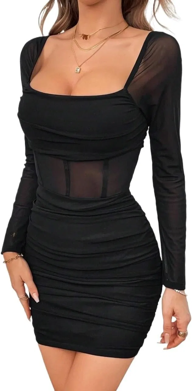 Женское облегающее платье с квадратным вырезом и сеткой, Black
