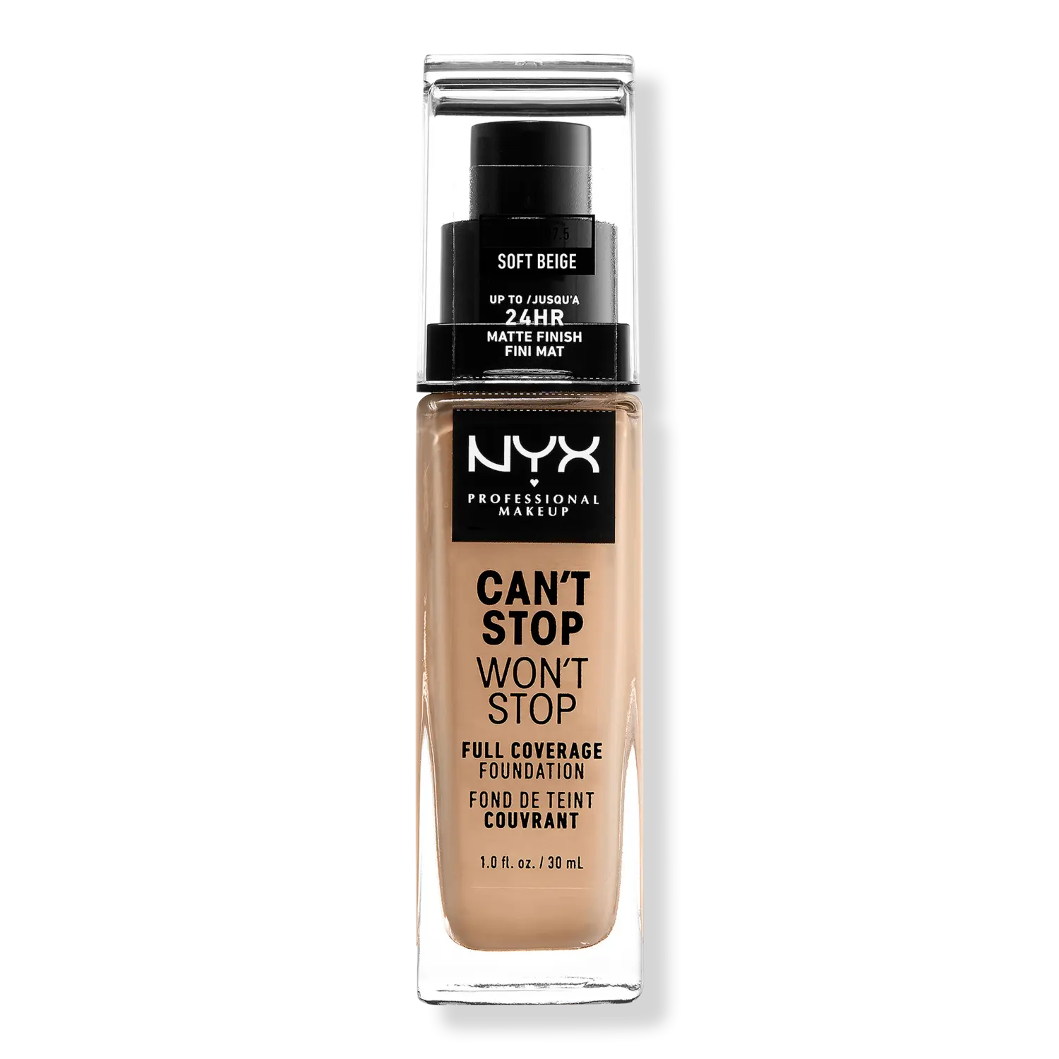 

Тональная основа Can't Stop Won't Stop с матовым покрытием, обеспечивающая полное покрытие в течение 24 часов. NYX Professional Makeup, Soft Beige (medium w/ light undertone)