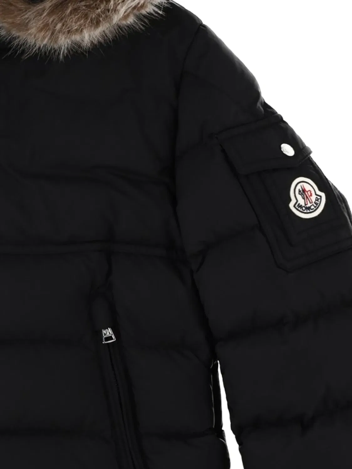 Детская стеганая куртка с искусственным мехом Moncler, черный — фото 2