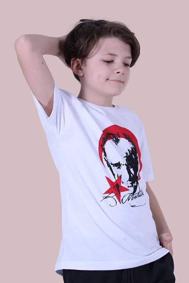 Детская футболка с принтом Signed Crescent and Star Detailed Ataturk Printed Generic Brands, White-Red — фото 3