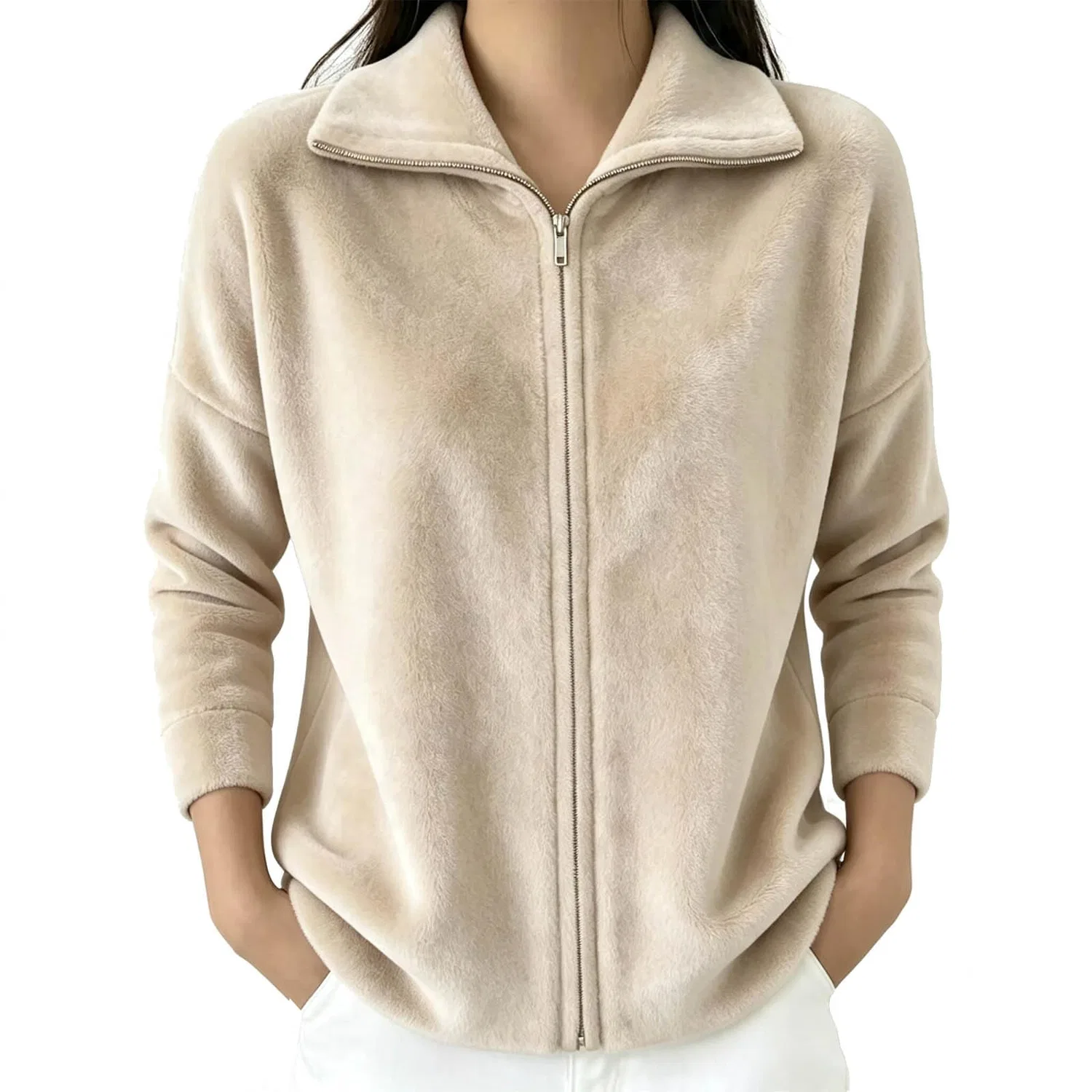 Женское зимнее пальто с молнией, однотонное, для полных, Beige