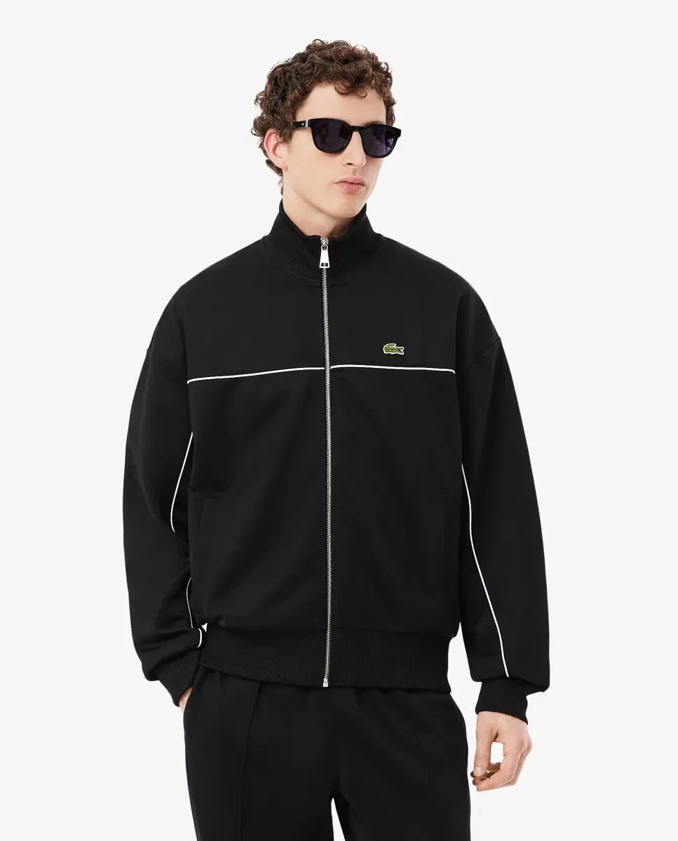 Худи мужская Lacoste без капюшона, свободный крой, контрастная отделка, Negro