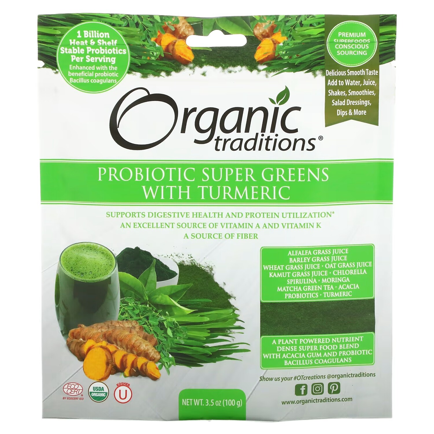 

Пробиотическая Добавка - Суперзелень с Куркумой Organic Traditions, 100 г