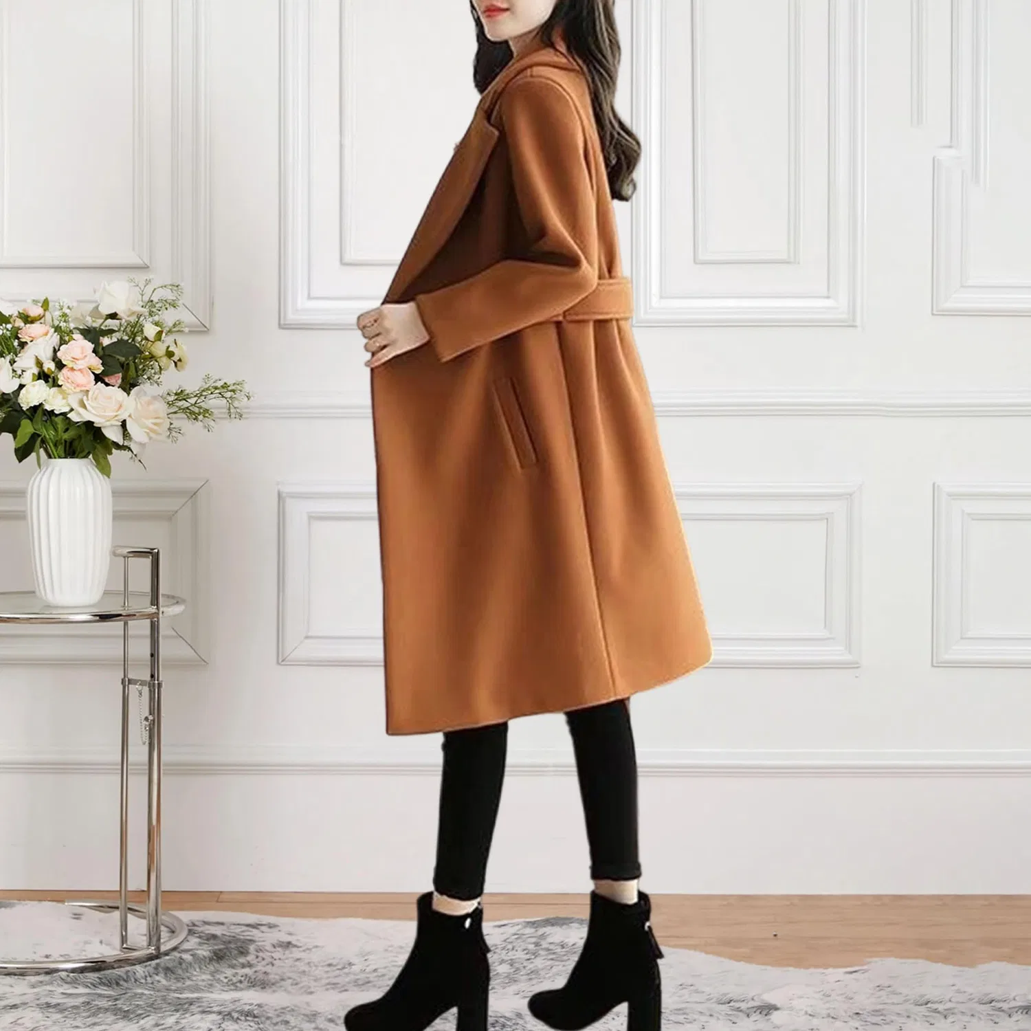 Женское зимнее двубортное пальто из шерстяной смеси, dark khaki — фото 4