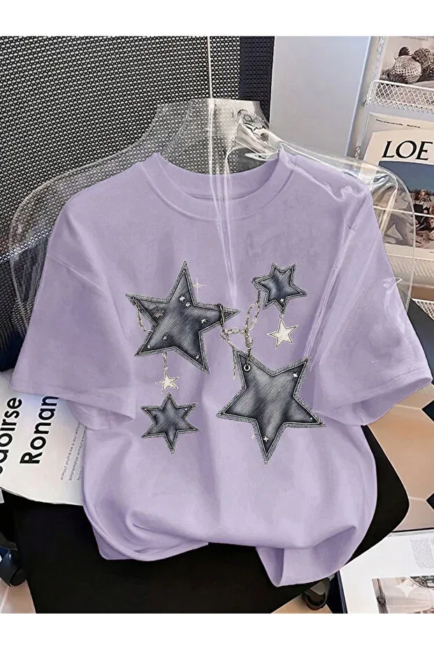 Детская футболка для девочек с принтом Y2K aesthetic denim star detailed short sleeve t-shirt Let'S Wear, Lilac