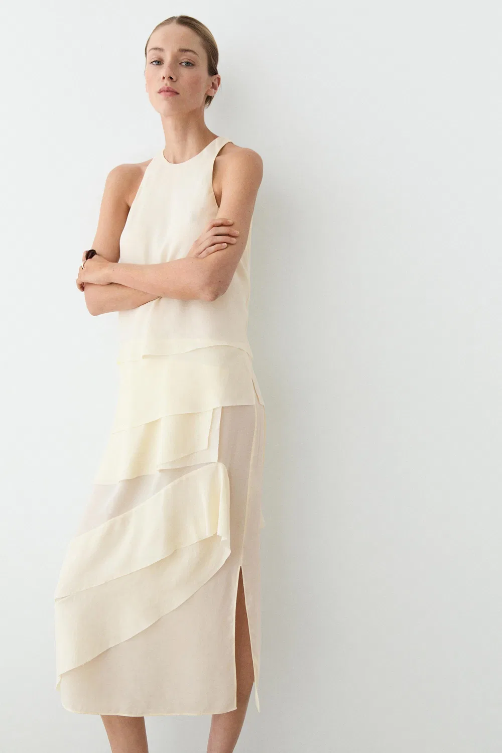 Струящееся платье миди с оборками Massimo Dutti, кремовый — фото 2