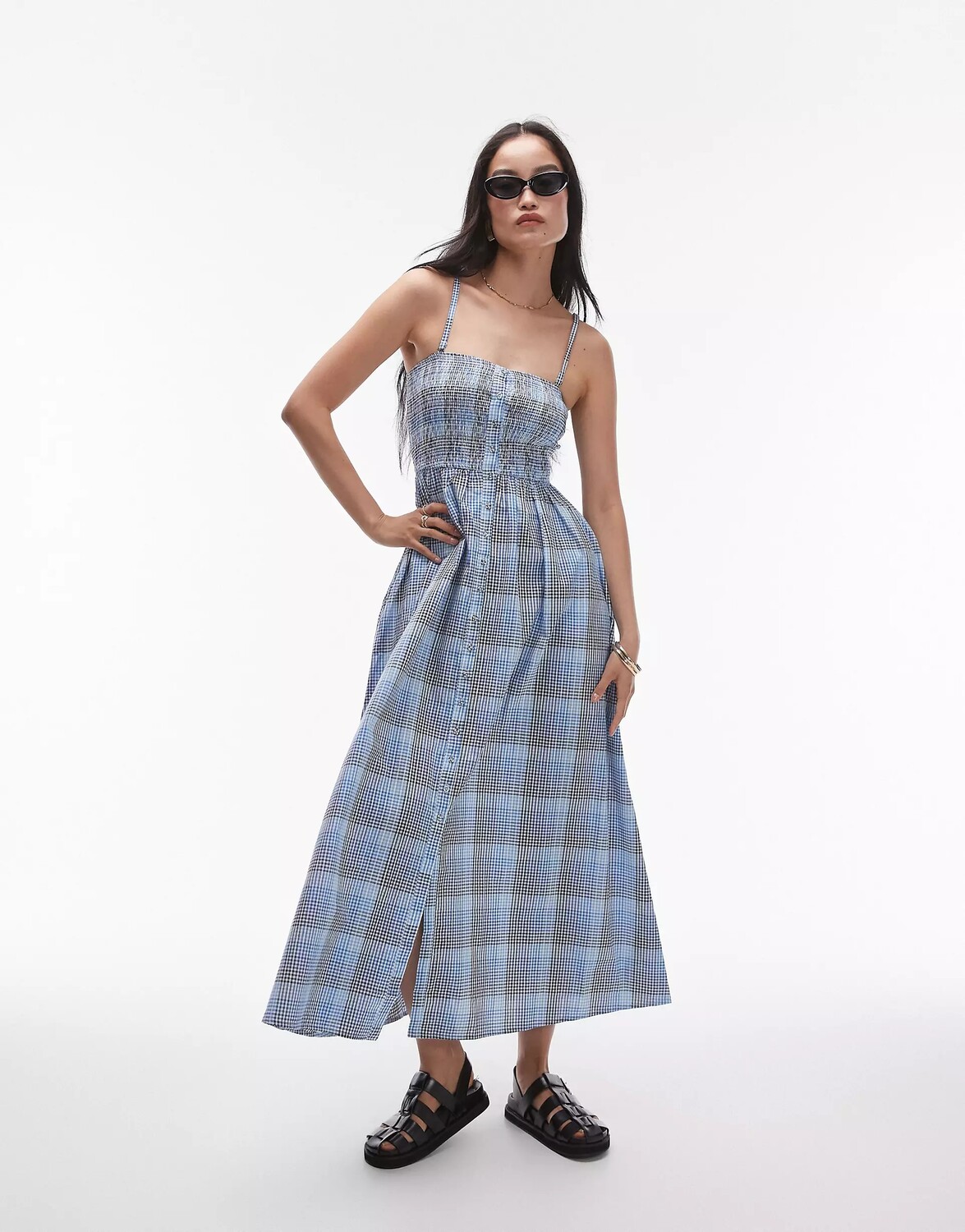 

Платье миди Topshop Seersucker Check Shirred, синий