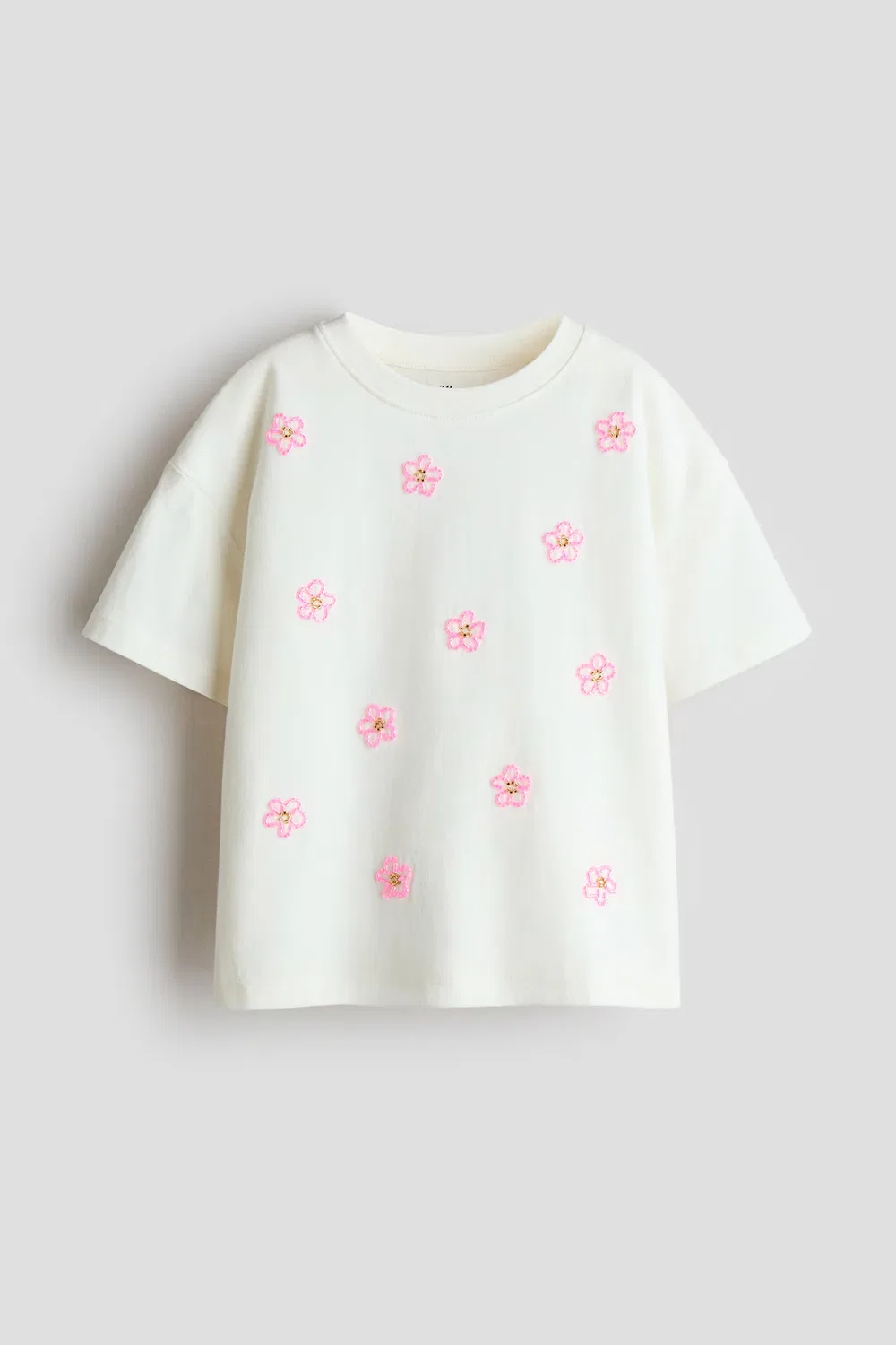 Хлопковая футболка с аппликациями H&M, Elfenbein/Blumen — фото 3