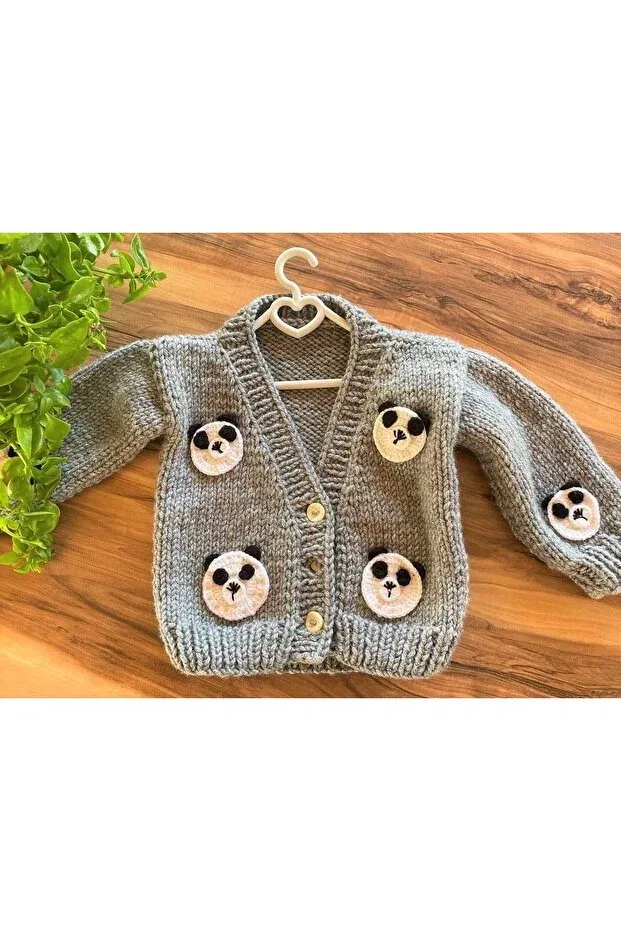 Детский кардиган для мальчиков с принтом Boy'S Hand Knitted Crop Cardigan With Teddy Bear Figure Akif Giyim, Gri