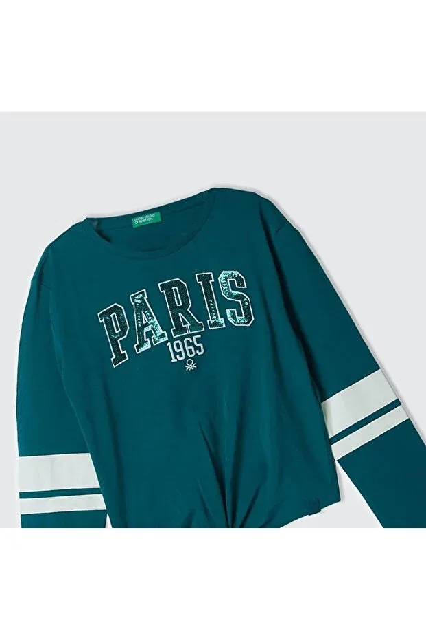 Детская футболка для девочек с принтом, с длинным рукавом United Colors Of Benetton, Pine Green — фото 3
