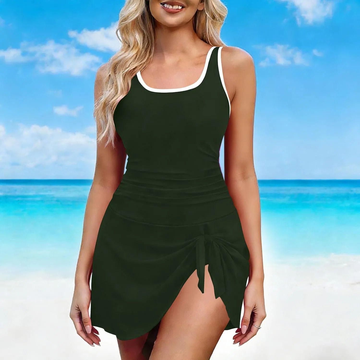 Женский слитный купальник с открытой спиной цвет-блок Scoop Neck Tie Knot Ruched Hide Belly Fat, Army Green — фото 3