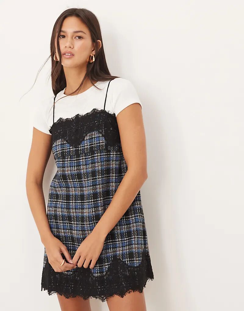 

Мини-платье ASOS DESIGN с кружевным верхом в синюю клетку