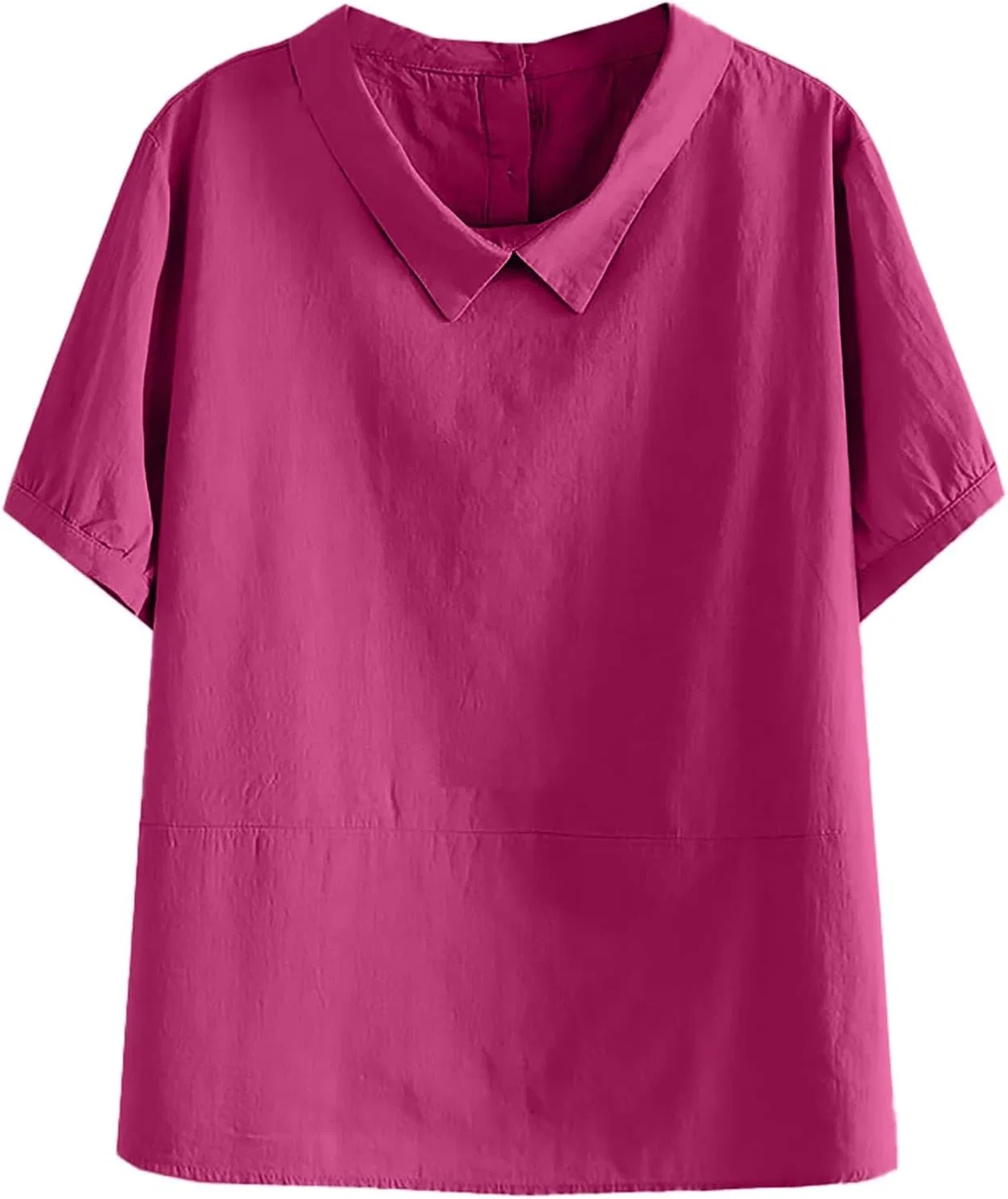 Блуза свободная из хлопка и льна, короткий рукав, с отложным воротником, hotpink