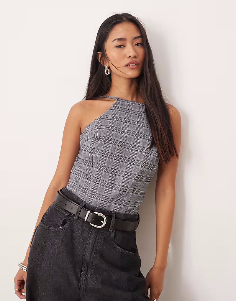 

Боди с квадратным вырезом в однотонную клетку Asos Design