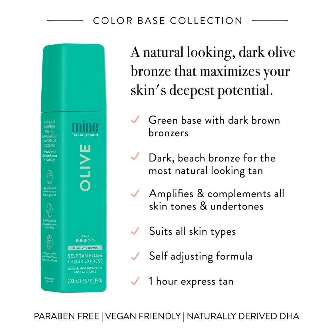Minetan Self Tan Foam Olive - 1 Hour Express, мусс для автозагара для темного бронзового оттенка, лосьон для лица и тела, ультраувлажняющее сияние, Vegan & Paraben Free, 200 мл 198 мл (1 шт.) Minetan Body.Skin, Dark — фото 3