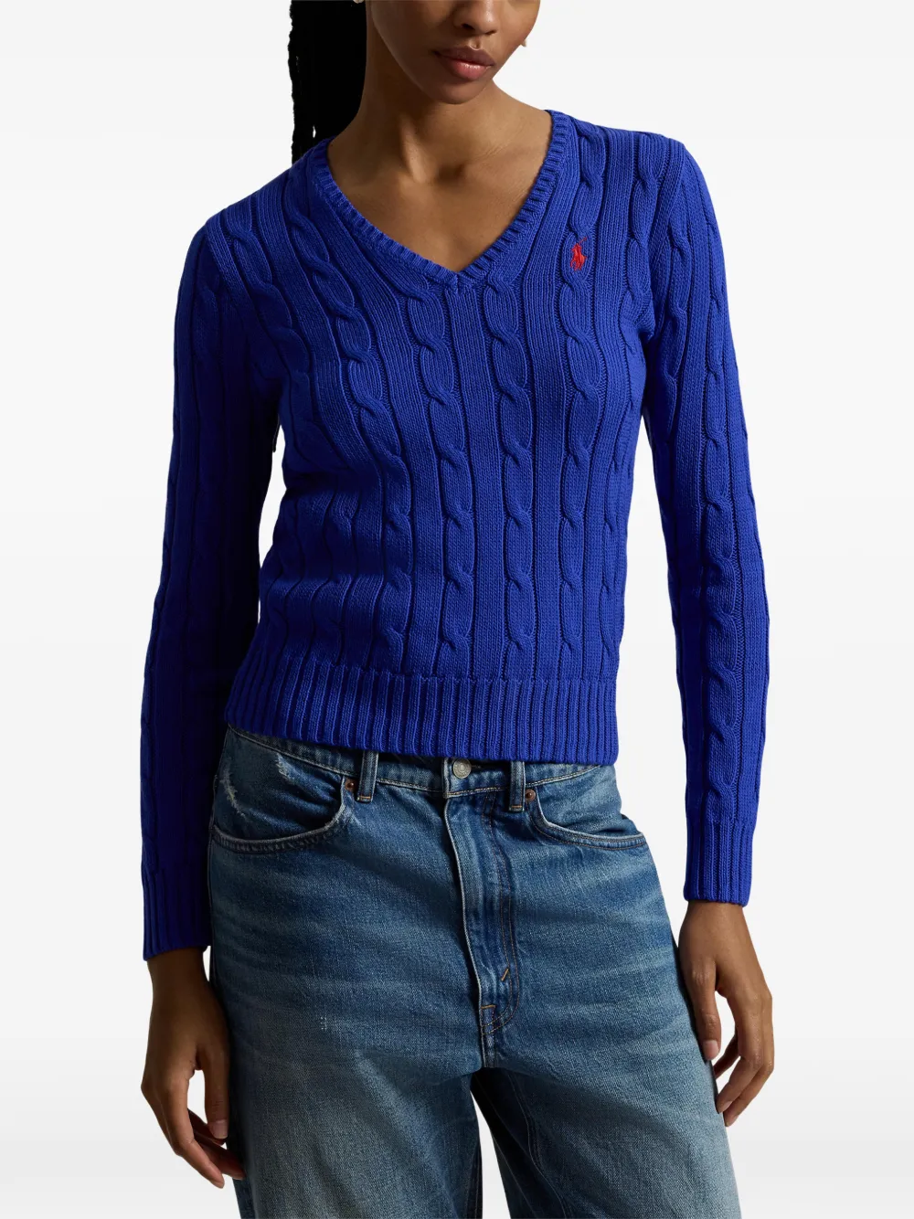 Кашемировый свитер с V-образным вырезом и фактурной вязкой Polo Ralph Lauren, синий — фото 3