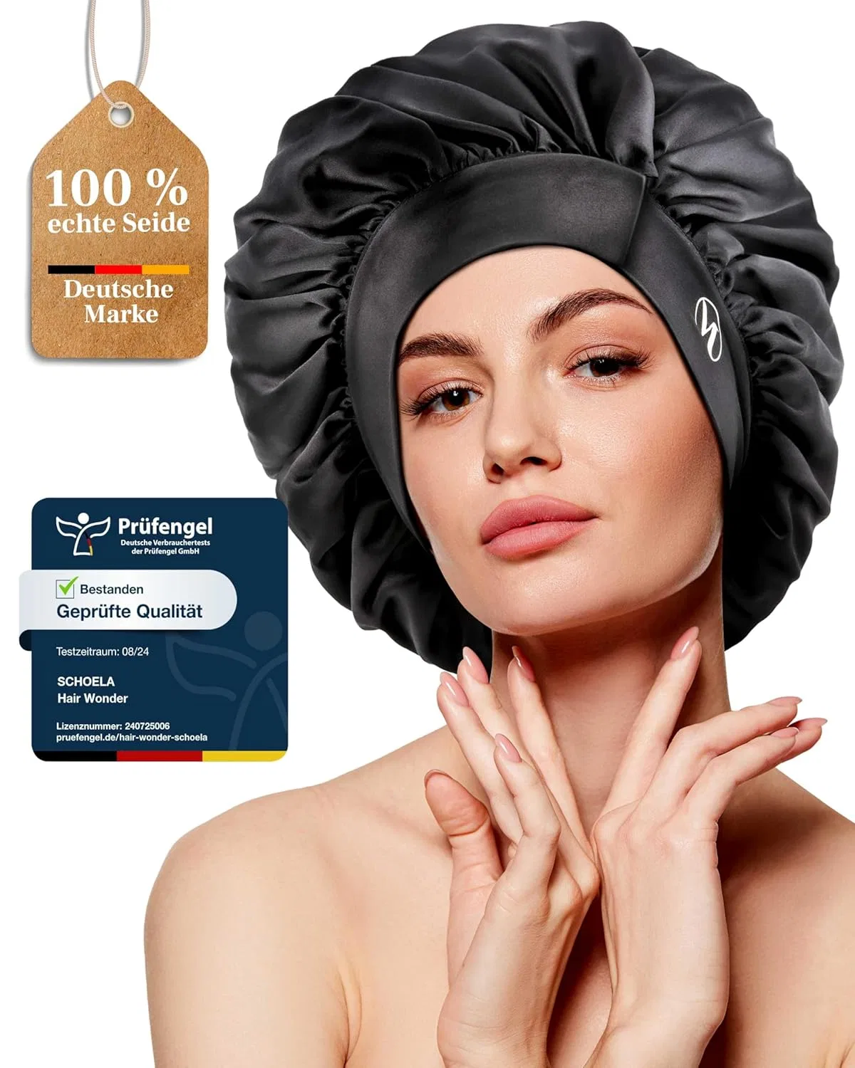 Шелковая шапочка для сна Hair Wonder, 100% сертифицированный шелк Schoela, Black