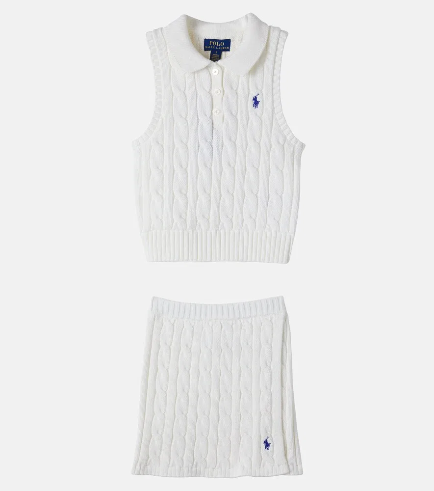 Комплект из хлопкового топа и юбки крупной вязки Polo Ralph Lauren Kids, белый — фото 4