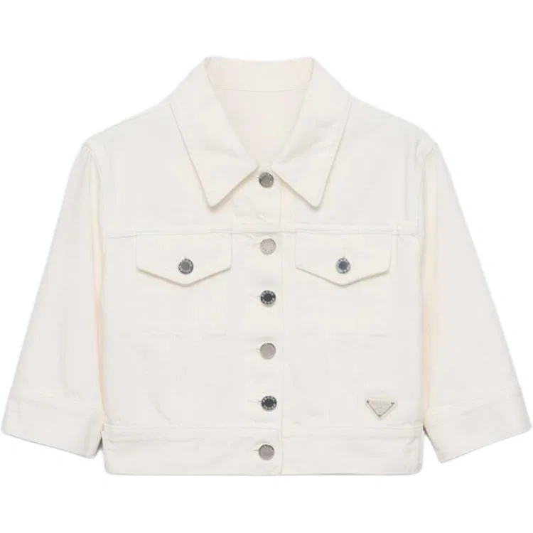 Женская джинсовая куртка из коллекции SS25 с принтом, белая, PRADA, White