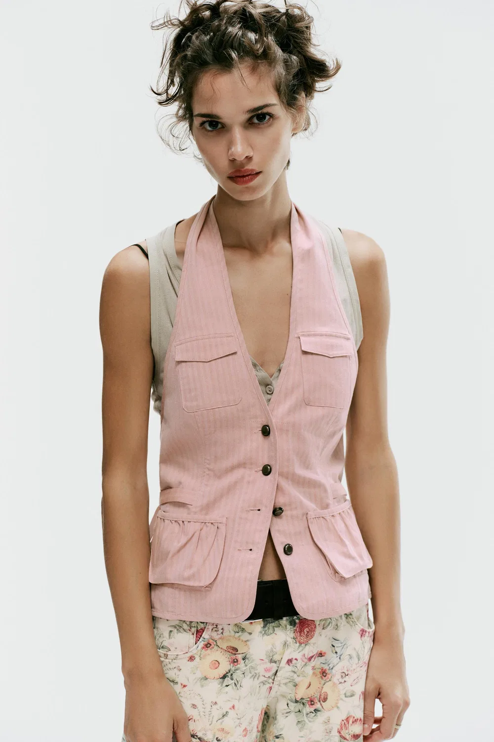 Полосатый топ с завязками на шее и карманами ZARA, Light pink — фото 2
