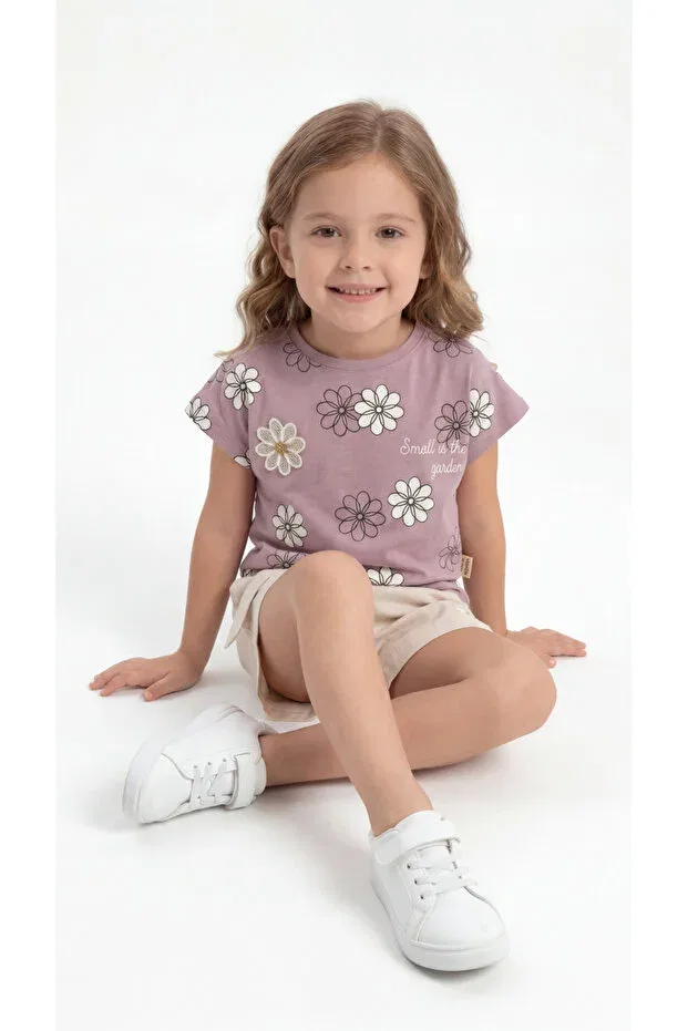 Детский комплект футболки и шорт с принтом Floral Patterned Appliqued Belted Mışıl Kids, Lilac — фото 3