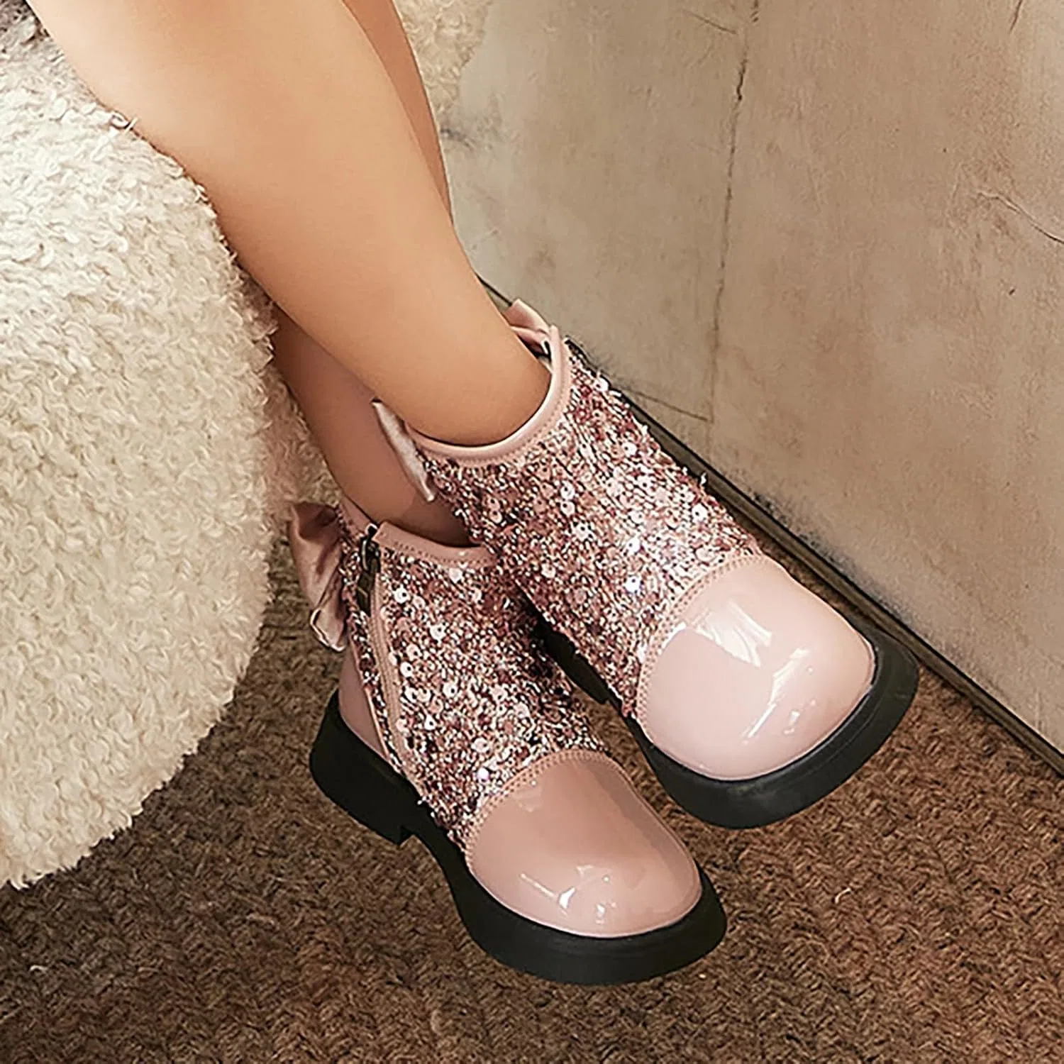 Детские ботинки для девочек с пайетками и мехом, Pink — фото 2