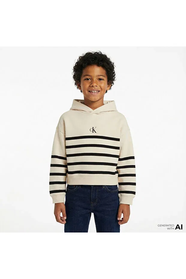 Детские свитшот для девочек с принтом Logo boxy fit stripes kids white Calvin Klein, White