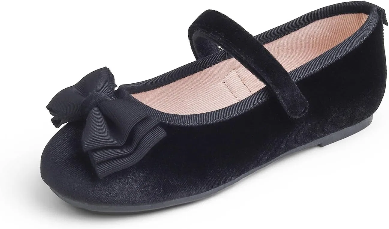 Детские балетки для девочек с бантом FEVERSOLE, Black Velvet Tri-Bow Maryjane