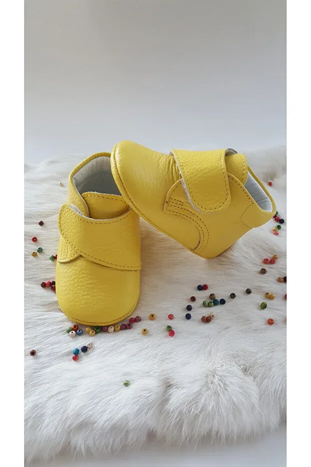 Детские пинетки из натуральной кожи с липучками Hodore, Yellow — фото 4