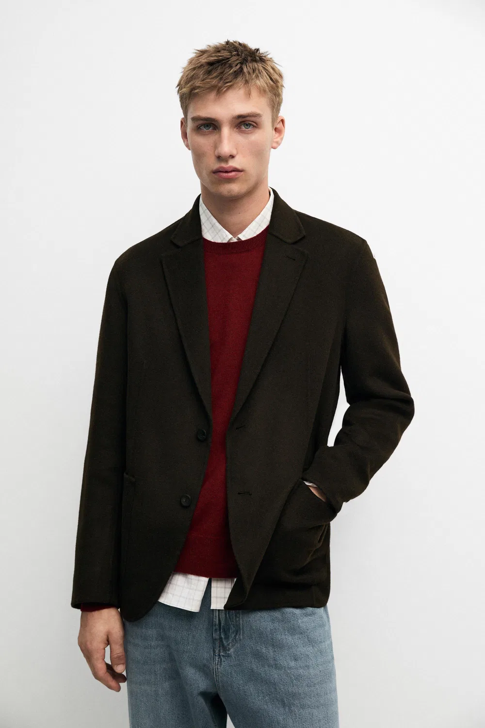 Пиджак Massimo Dutti Double-Layer Wool Blend, шоколадный