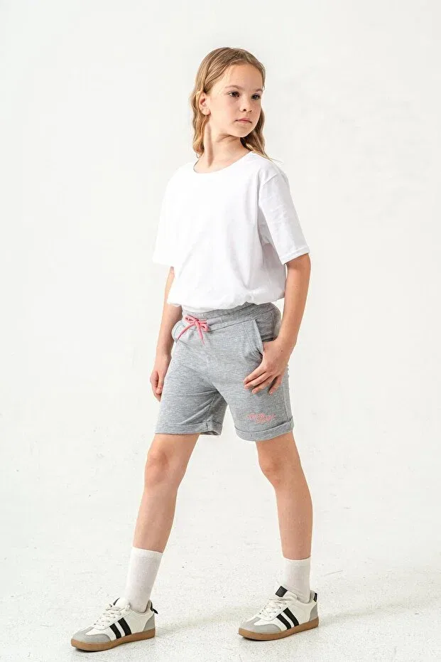 Детские шорты для девочек с вышивкой Always be joyful Mışıl Kids, Gray Melange — фото 3