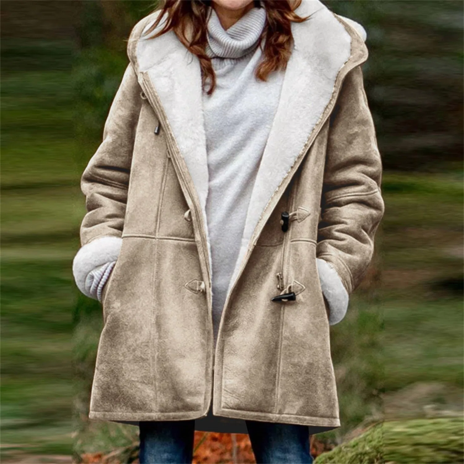 Женское зимнее пальто с капюшоном, свободного кроя, Pea Coat, cachi — фото 2