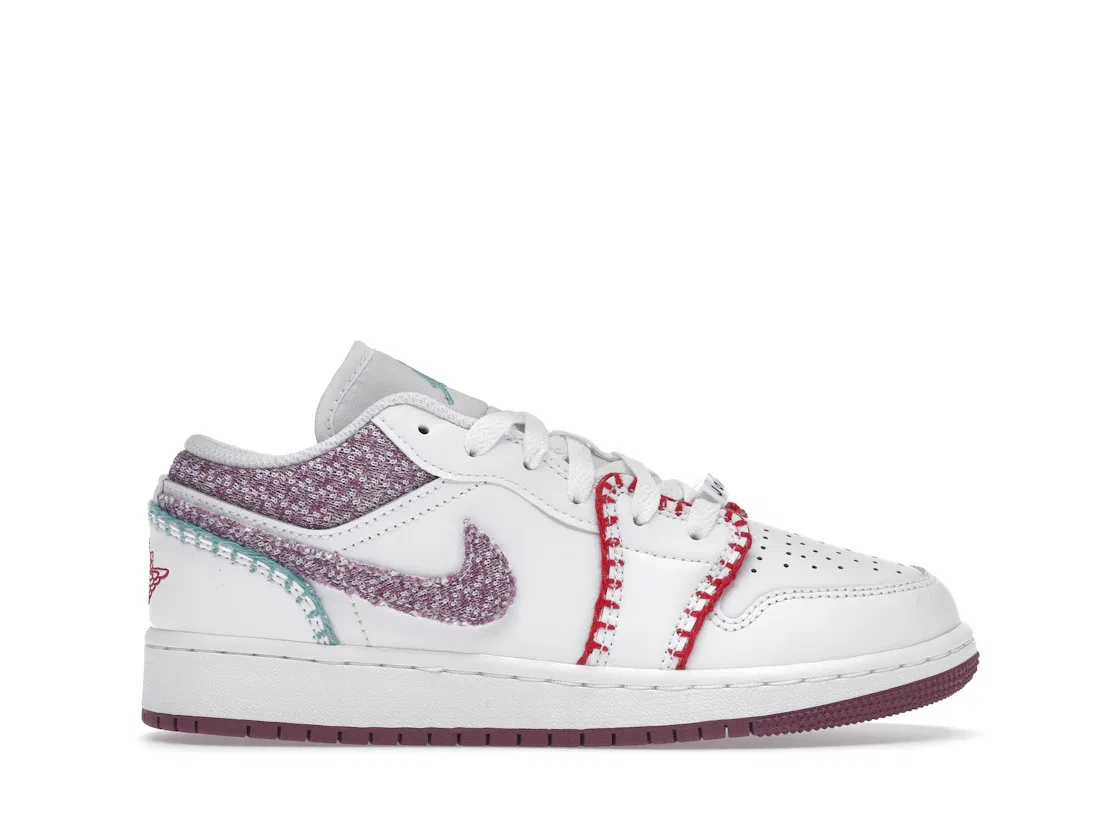Детские кроссовки для мальчиков и девочек с принтом Jordan 1 Low Jordan, White/Rush Pink/Washed Teal/Light Bordeaux