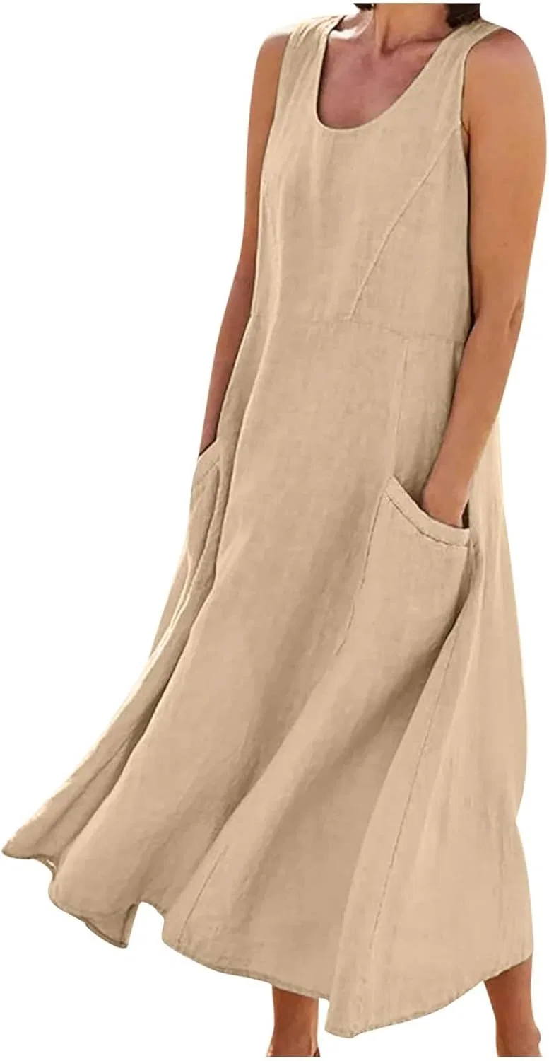 Женское свободное платье макси Cotton Linen, Khaki