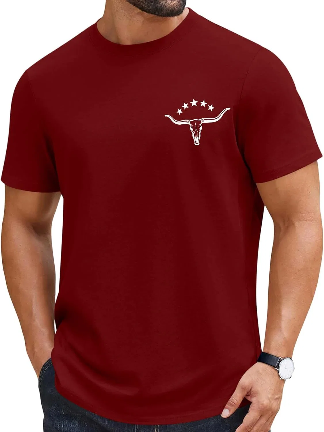 Мужская футболка с рисунком черепа быка, Crew Neck, Black/Red — фото 4